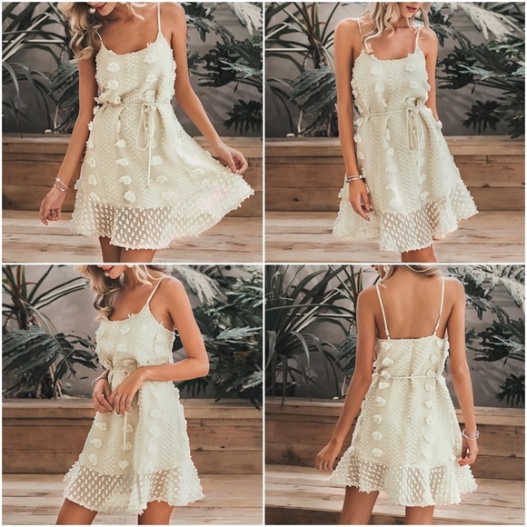 Textured Mini Dress Beige Ruffle Cami Ties - Picture 5 of 12